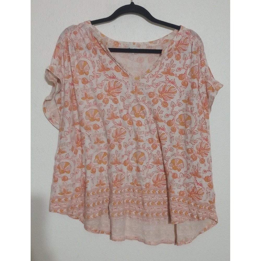 Lucky Brand Womens 2XL Orange Floral Paisley V-Neck Cotton Linen Blend Top